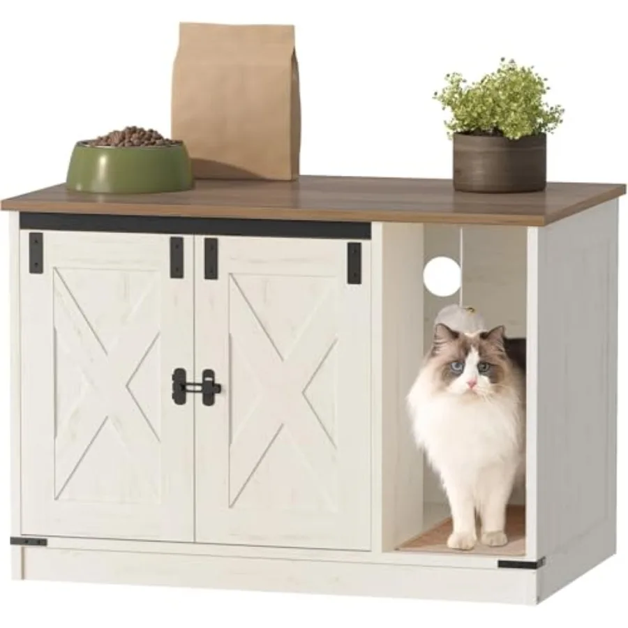 Cat Litter Box Enclosure for Living Room, Wood-Grain MDF Cabinet in Neutral Beige with Odor-Blocking Ventilation and Quiet-Clos