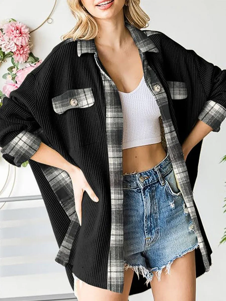 Frauen Waffel Plaid Patchwork Shirt Frühling Herbst Strick Loose Fit Langarm Mantel Tops Button Down Revers Kragen Jacke