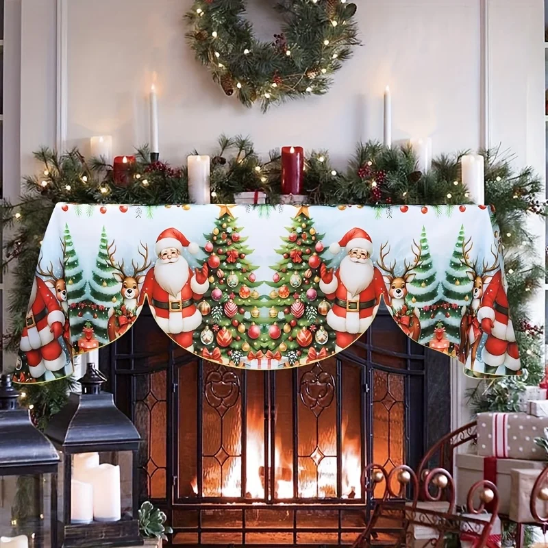 VIKAMA Christmas Fireplace Mantel Scarf Santa Tree Forest Mantel Topper Holiday Fireplace Shelf Cover Xmas Home Indoor Decor