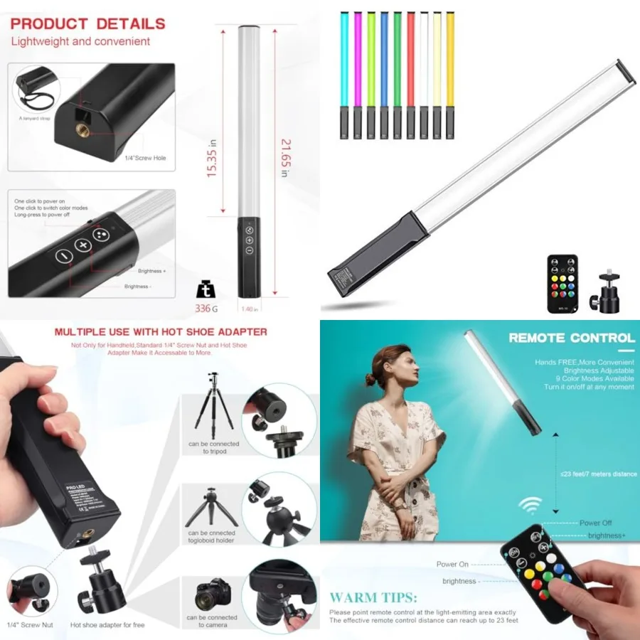 

RGB Handheld LED Video Light Wand Stick Photography Light 9 Colors, with Built-in Rechargable Battery and Remote Control, 1000