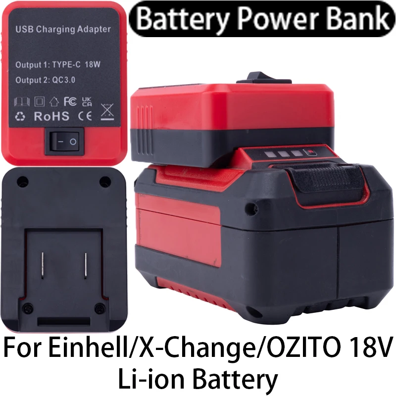 Power Bank for Einhell/X-Change/OZITO 18V Li-ion Battery Adapter USB/Type-C Dual Fast Charging Interface Power Supply