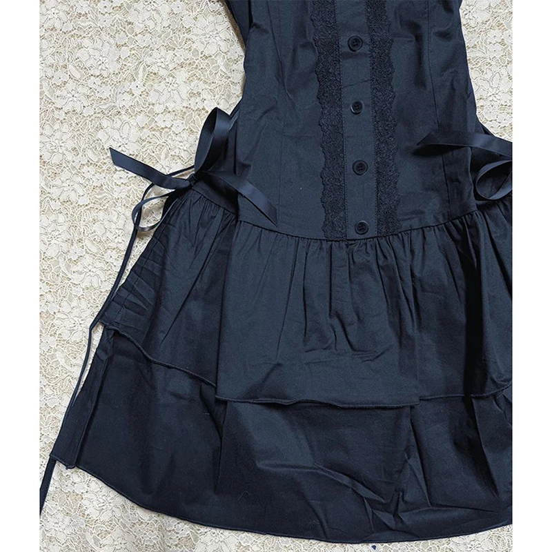 Vestido camisero de retazos de Encaje Vintage para mujer, vestido de manga corta con botones estilo pijo Lolita, Vestidos góticos escalonados Harajuku Y2K ajustados