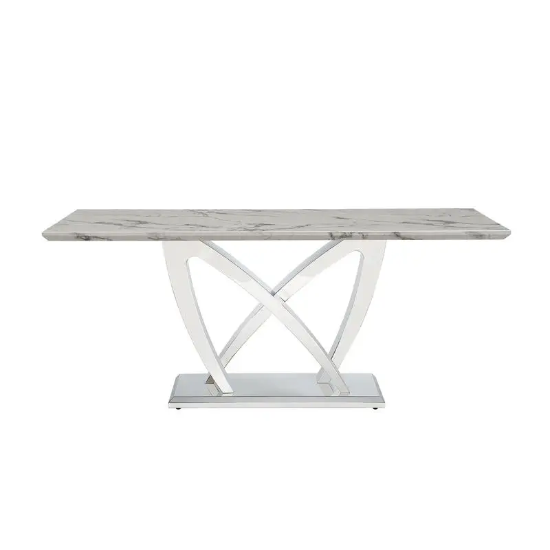 

Современный 70-дюймовый прямоугольный обеденный стол из искусственного мрамора на 6 с зеркальным основанием из нержавеющей стали, серебристо-белой отделкой — большой