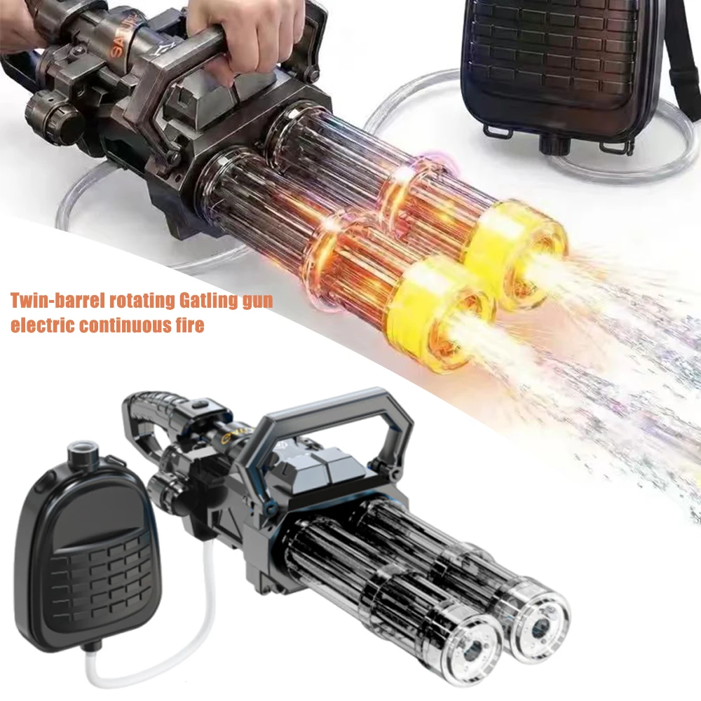 Rotary Double Barrel Gatling Electric Water Gun Toy Fire Light Spray Auto Continuous Shoot Large Capacity High Pressure Powerful