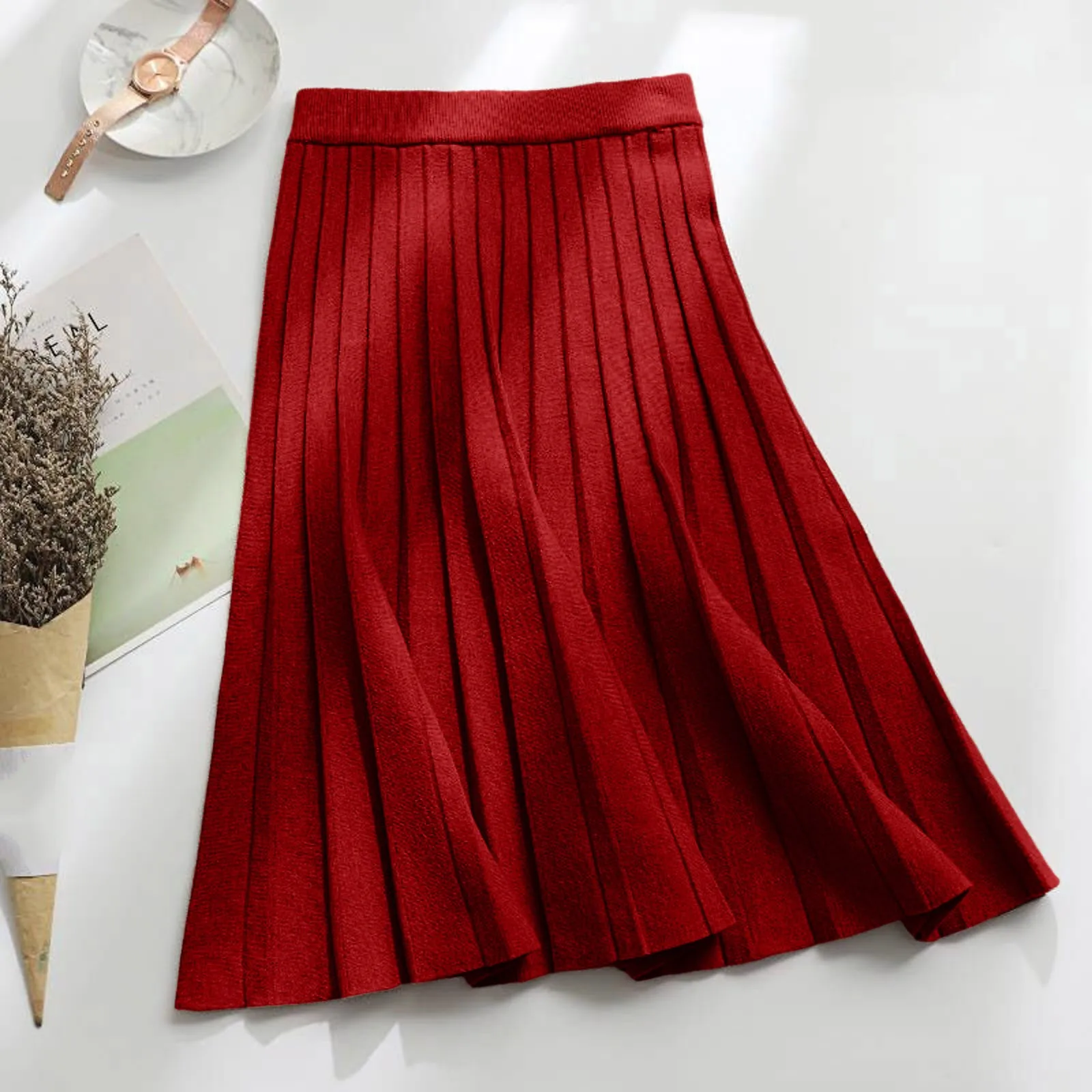 

2024 New Mid Length A Line Large Swing Skirts Women's Solid Color Casual Half Bodies Skirts Thicking Knit Pleated Skirt