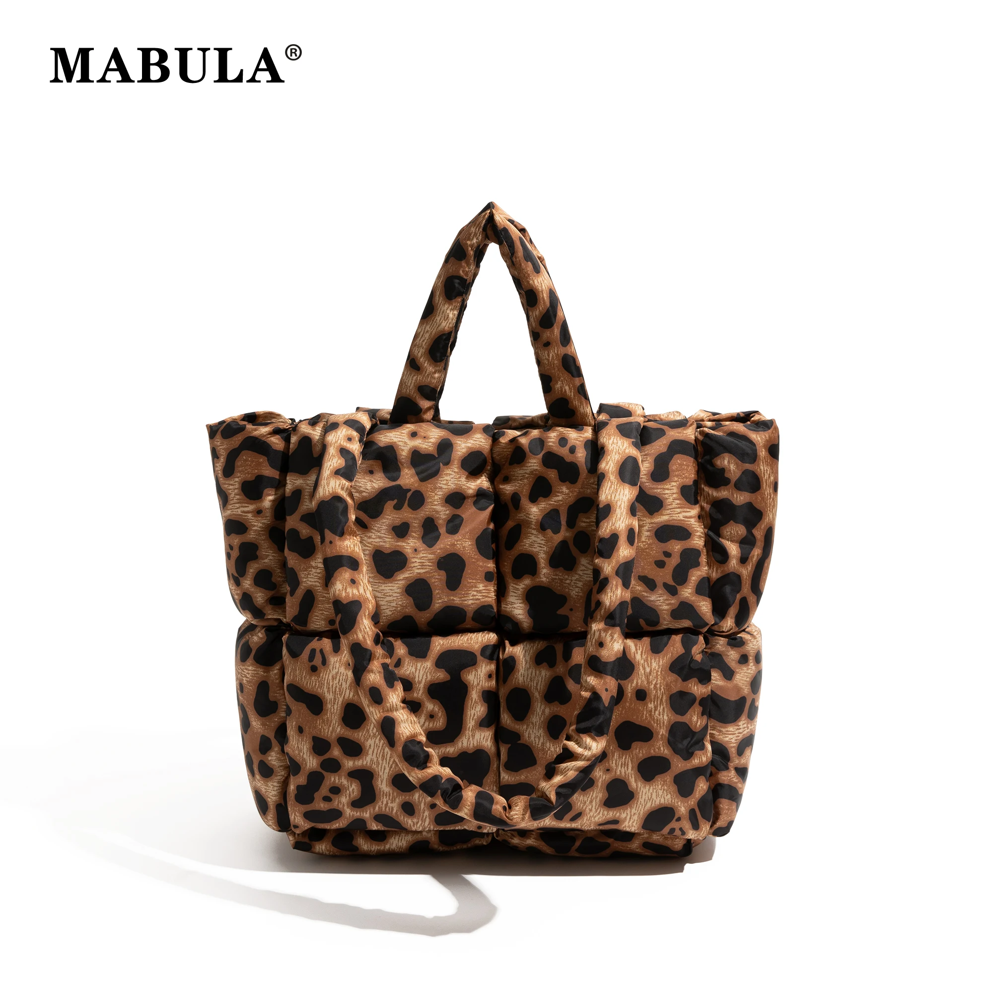 

MABULA Leopard Pattern Cotton Puffer Padded Down Tote Handbag Winter Fashion Underarm Shoulder Phone Purse Luxury Design Satchel