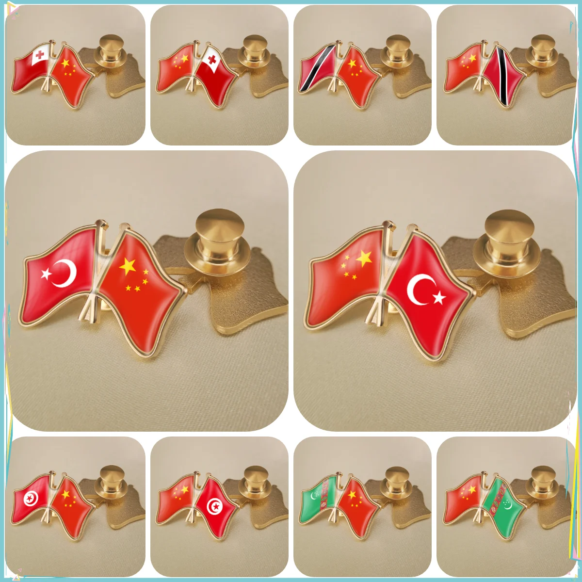 China and Tonga Trinidad and Tobago Tunisia Turkey Turkmenistan Crossed Double Friendship Flags Lapel Pins Brooch Badges