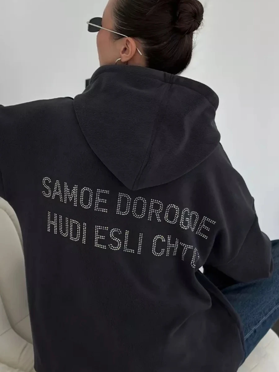 루즈핏 레터링 라인스톤 후드티 프린트 윈드 레터 글루 드릴 탑 여성 캐주얼 편안한 긴팔 후디