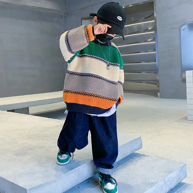 Korean Spring Autumn Children Boy Sweater Pullover Junior Boy Striped Knitted Undershirt School Boy O-neck Knitwears Tops