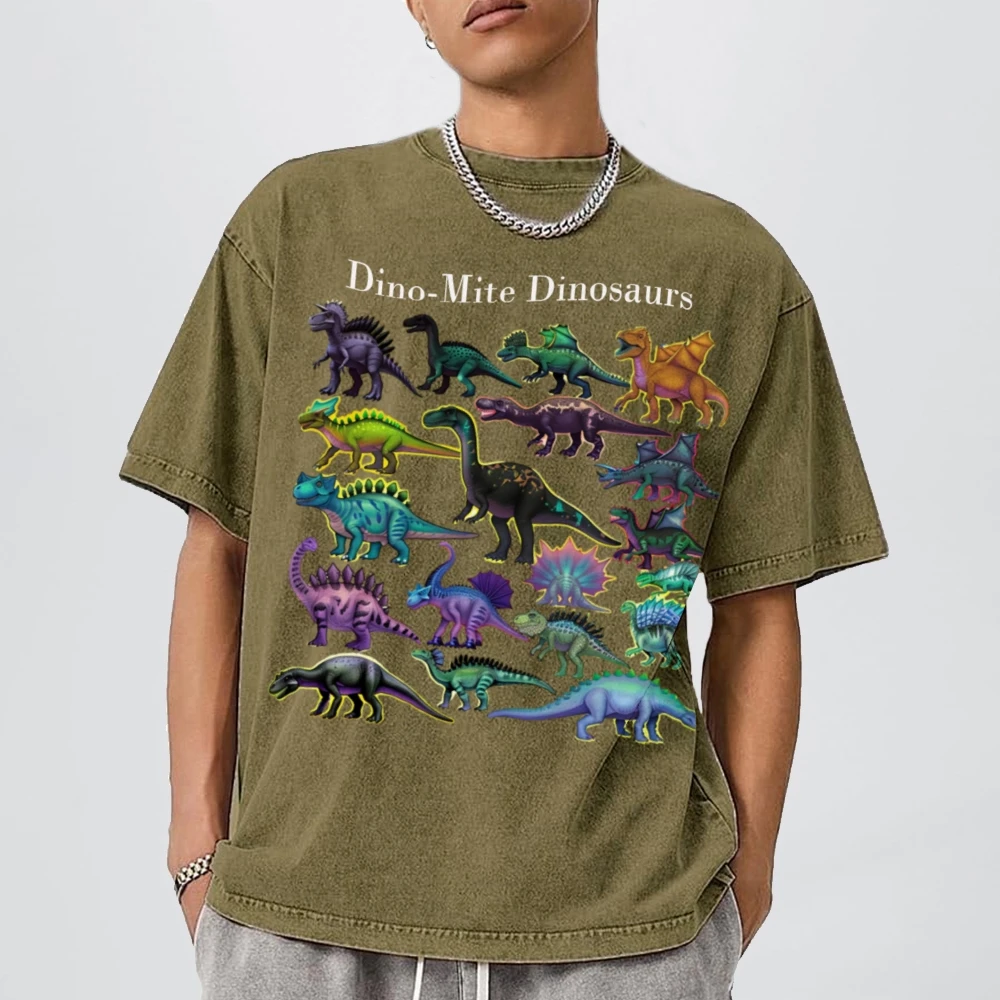Dinosaur Graphic Print T Shirt 90s Vintage Unisex Washed Old T-shirt Hip Hop Streetwear Trendy Cotton Loose Short Sleeve