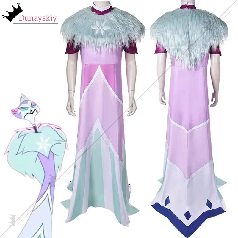 만화 Helluva 코스프레 보스 Andrealphus 롤 플레잉 의상 롱 스커트 모피 목도리 Hallowmas 파티 유니폼 카니발 역할 놀이 정장