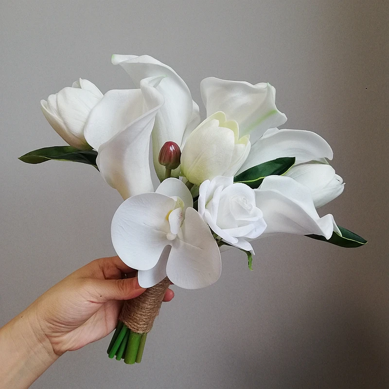 Holding Flowers Artificial Natural Calla Lily Wedding Bouquet with Silk Tulip Pure White Bridesmaid Bridal Party Бутоньерки