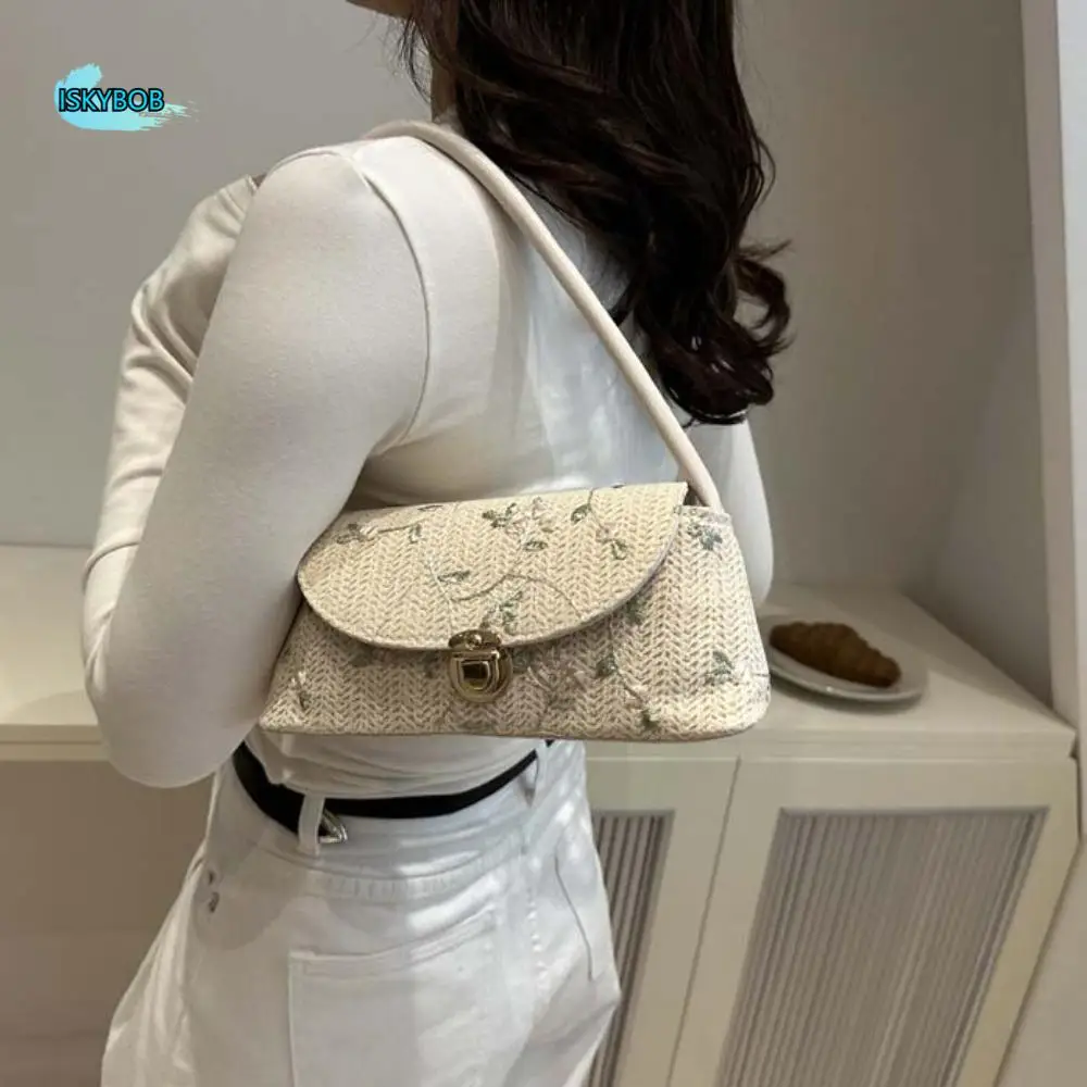 

Flip Bag Elegant Grass Woven Shoulder Bag Large Capacity Embroidery Beach Straw Hobo Polyester Beige Handbag Party