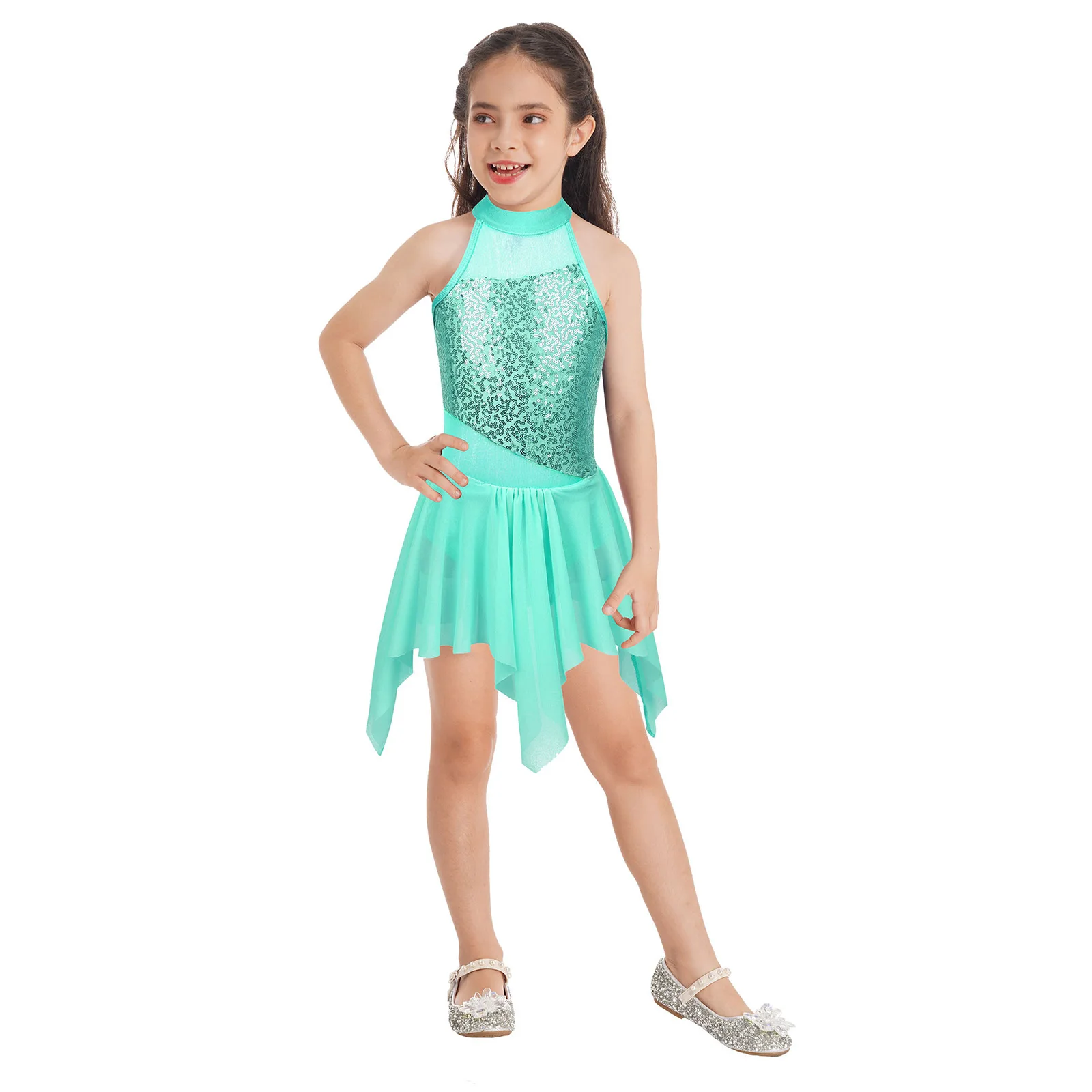 Kids Girls Lyrical Latin Jazz Dance Costumes Sequins Ballet Dress Sleeveless Mock Neck Asymmetrical Hem Leotard Dress Dancewear
