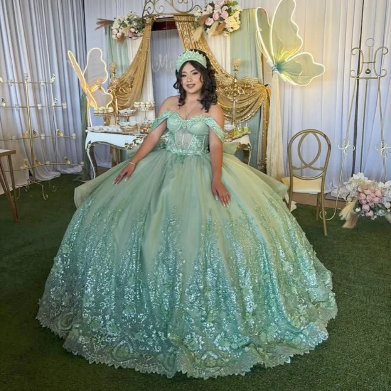 

Shiny Green Quinceanera Dresses off-shoulder Glitter Decal Crystal 3D Flower Long tail Vestido De 15 Quinceanera Customize