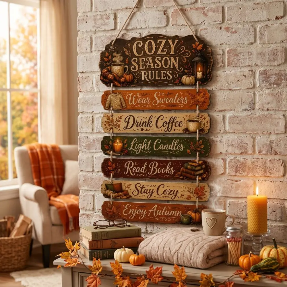 2D Flat Autumn Wooden Sign Vintage Wall Art Fall Quote Wall Hanging Plaque Cozy Season Harvest Themed Pumpkin Maple Door Hanger