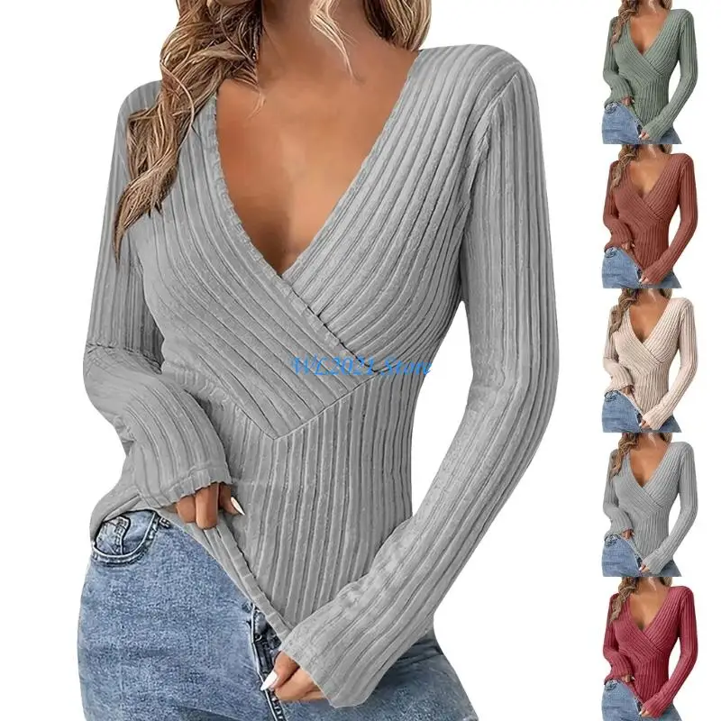 

G5GC Womens Cleavage Tops Ribbed Knit Long Sleeve Shirts Sexy Deep V Neck Tees Going Out Outfits Clubwear
