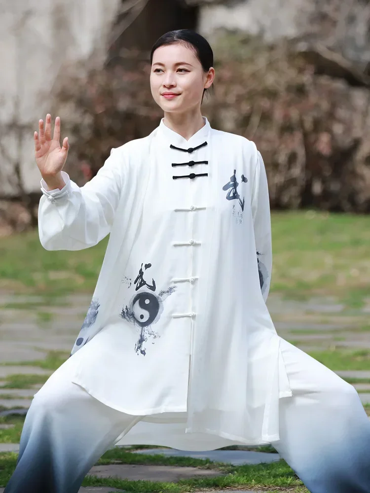 Summer Breathable Long Sleeve Kung Fu Shirts Wing Chun Training Vintage Sport Tops Martial Arts Taichi Uniform Gradient