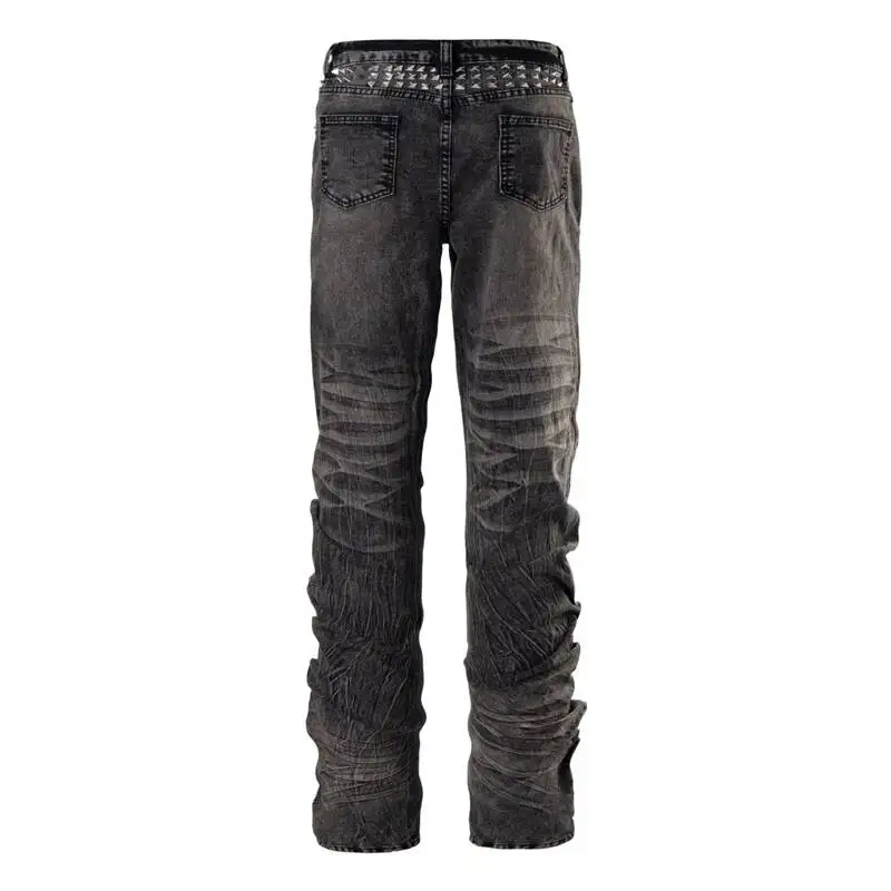 American Retro Subculture Vintage Washed Stacked Pleated Men Jeans Loose Straight Multi Zipper Long Denim Trousers MD56