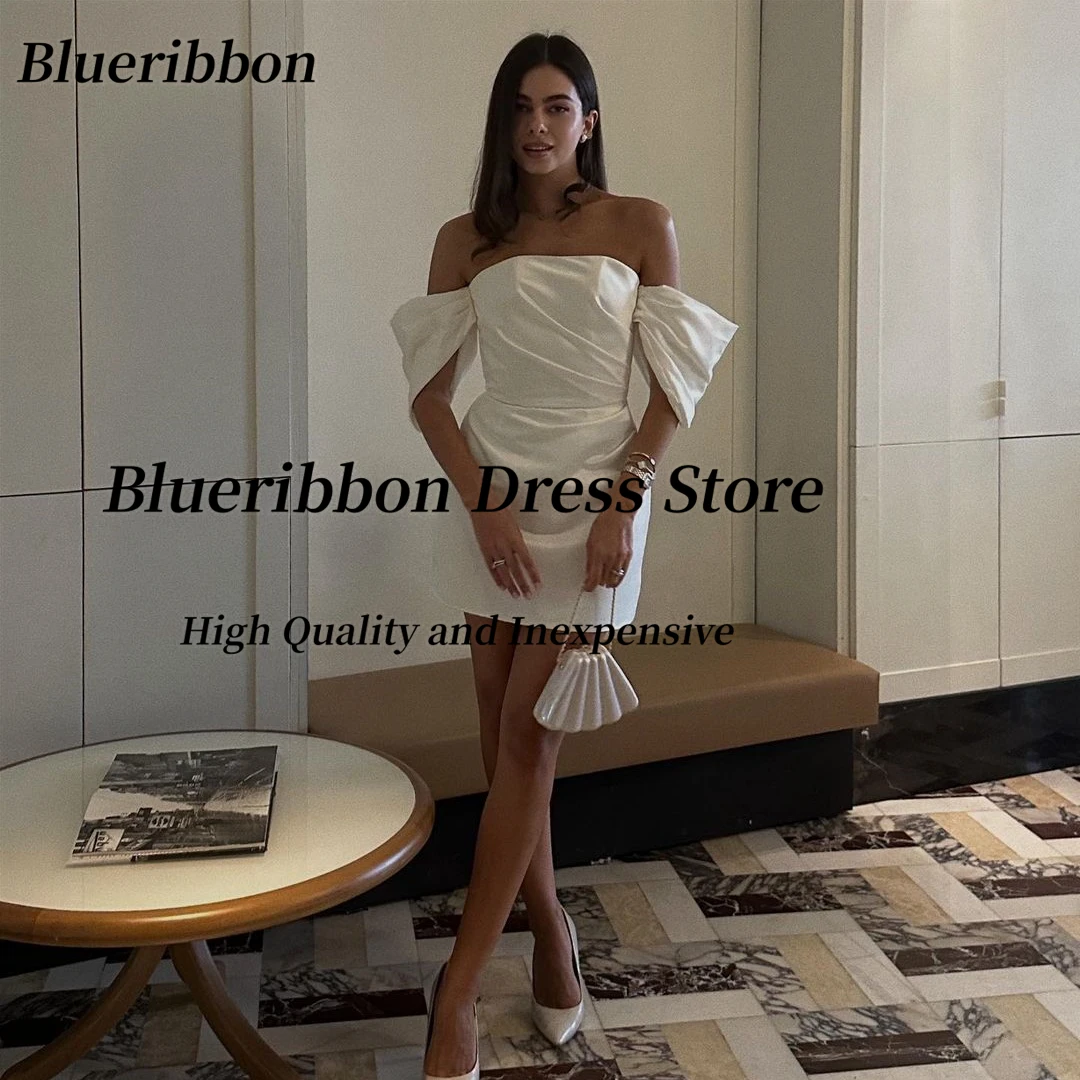 Blueribbon Summer Women Wear Off Shoulder Prom Dresses Zipper Back Ruched Mini Birthday Dress Short Wedding Party Bridal Gowns