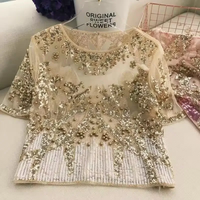 2025 Bling Bling Shiny Women Sequined Tshirts Graphic Women Gothic Thin Blusas Femme Embroidery  See-through Pullovers Tops