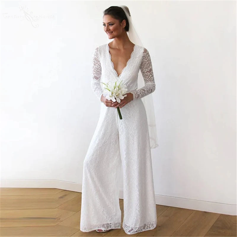 Lengan panjang Jumpsuit pernikahan gaun ketat V-neck renda Boho gaun pernikahan pengantin Jumpsuit Vestidos De Novia