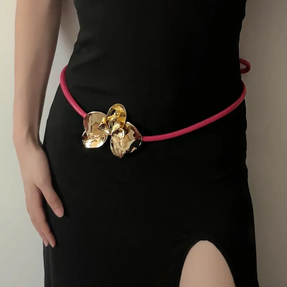 Golden tulip flower leather rope waist chain female vintage senior sense belt niche personality design sense dress decoration