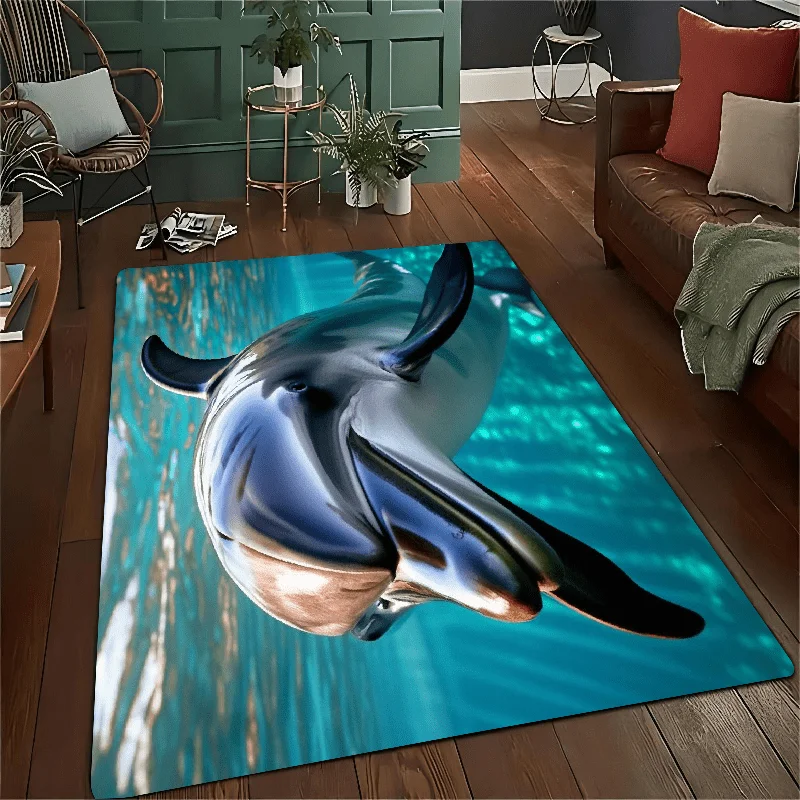 Dolphin Ocean Area Rug Polyester Mat Waterproof Sea Life Nautical Coastal Beach Decor Floor Runner for Living Room Bathroom