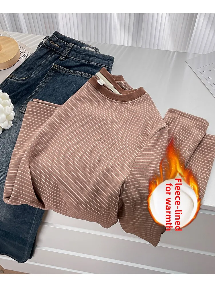 

Ins Winter Thiened Fce Long Sve полосатая футболка женская свободная прямая крой большого размера внутренняя одежда корейский Sle круглый Ne