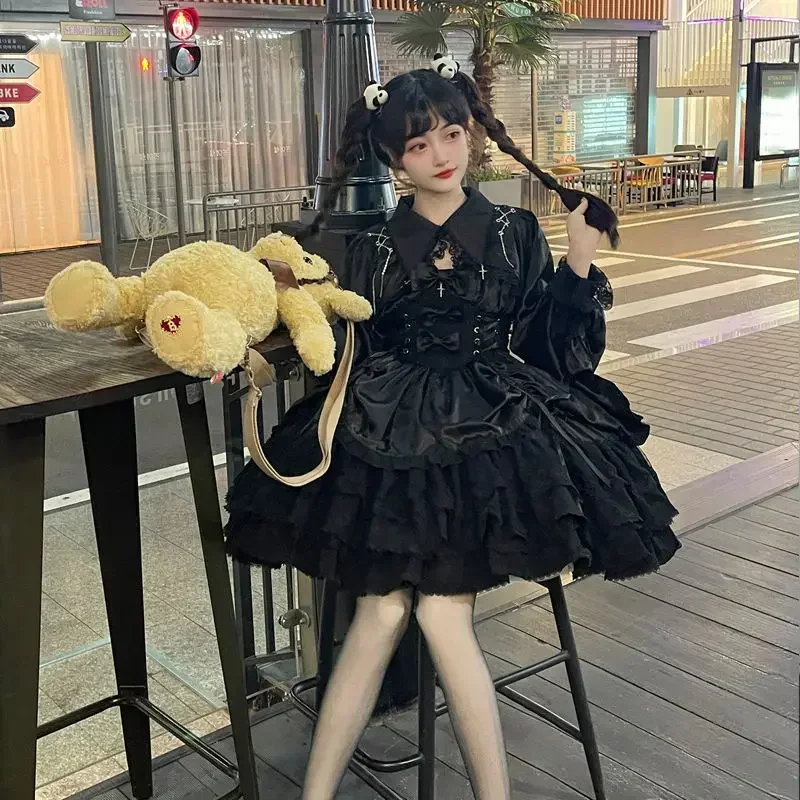 Japanische viktoria nische Gothic Lolita Kleid Frauen Punk-Stil süße Spitze Bogen Eving Party Kleider Harajuku Y2k Cosplay Prinzessin Kleid