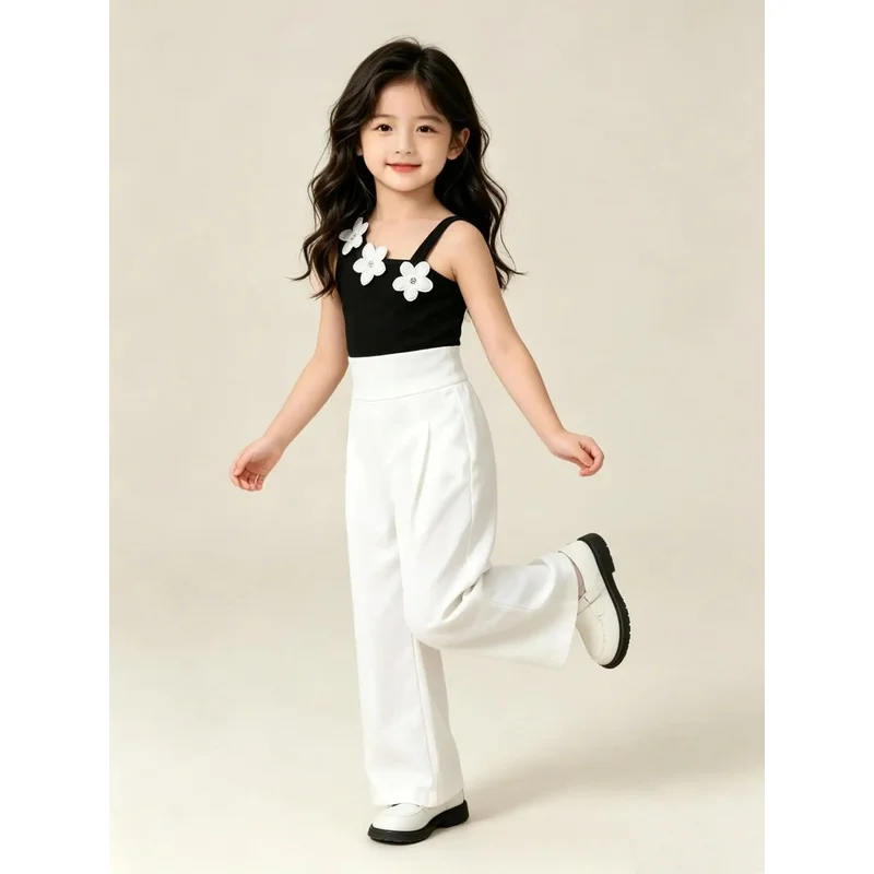Girls Floral Slim-Fit Jumpsuit 3D Flower Ornament Comfort Stretch Fabric Preschool Casual Wear