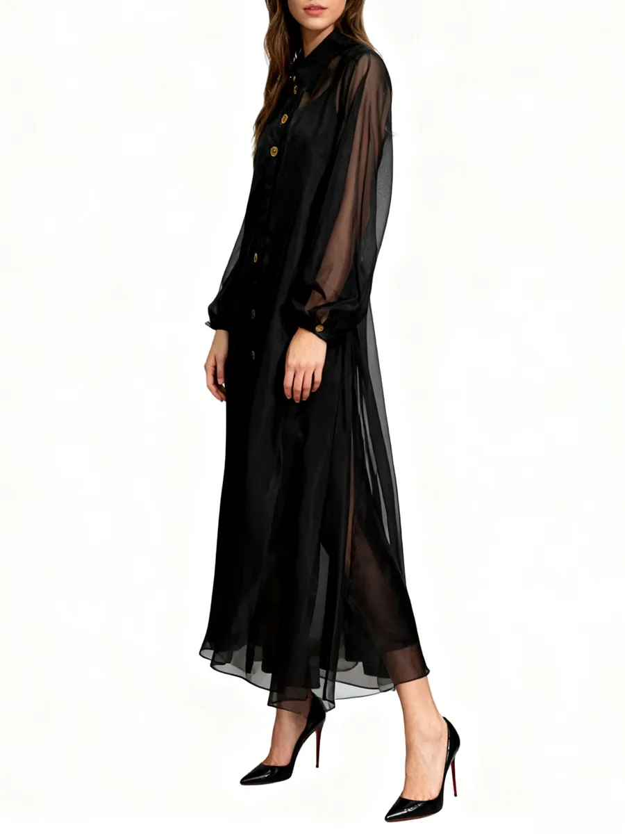 TWOTWINSTYLE Solid Loose Sheer Spliced Single Breasted Dresses for Women Lapel Long Sleeves Minimlaist Dress Female Clothing New