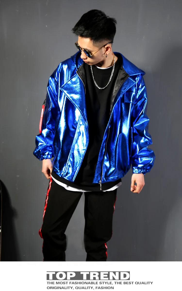 2025 블루 레이저 Pu 가죽 코트 남성 축제 의류 가수 공연 의상 나이트 클럽 Gogo 댄서 의류 레이브 복장 yk