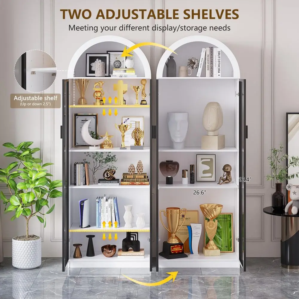 Display Cabinet with Doors and Adjustable Shelves, 76 Tall Display Case with LED Lights Arch Storage Space, 6 Tier Bookcase for view 6