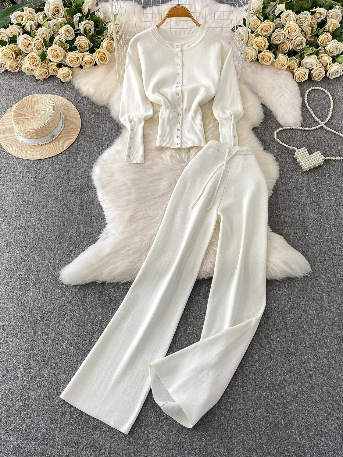 

Elegant Knitted Long Sleeve Coat with Button Detail Elastic Waist Casual Loose Pants Two Piece Set for Women Winter Fashion