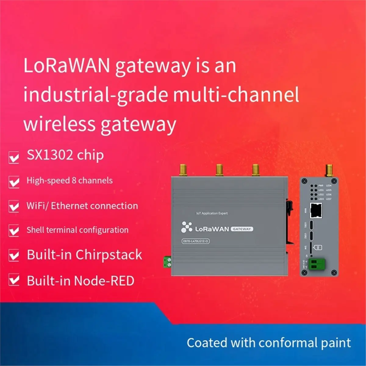 Half-Duplex WiFi LoRaWAN Gateway 470MHZ 27dbm DC8-28V SX1302 8 Channels Open-Source Multi-Channel
