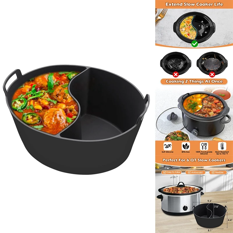 

Slow Cooker Divider Liner Fit 6QT, Reusable Silicone Divider, Easy Clean & Dishwasher Safe Oval Cooking Liner