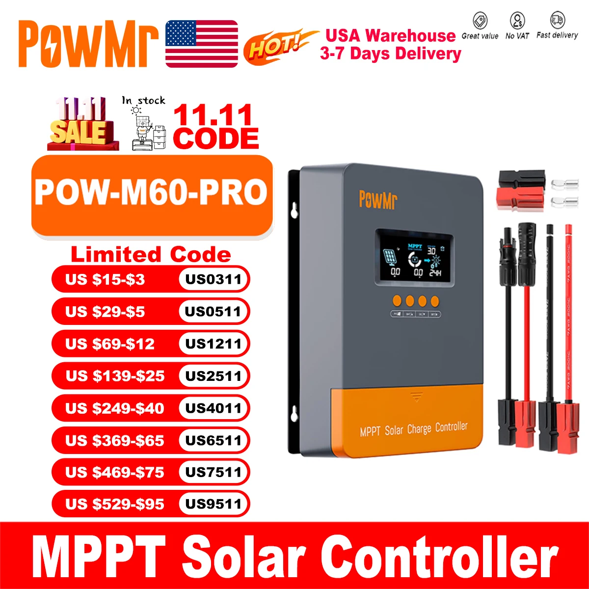 

Контроллер заряда солнечной батареи PowMr MPPT 60A для аккумулятора 12/24/36/48 в, вход для панели PV до 160 В постоянного тока с большим экраном и новыми проводными портами