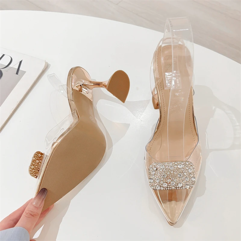 

Eilyken PVC Transparent Crystal Diamond Pointed Toe Women Pumps Fashion Elegant Slingbacks High Heels Mule Shoes