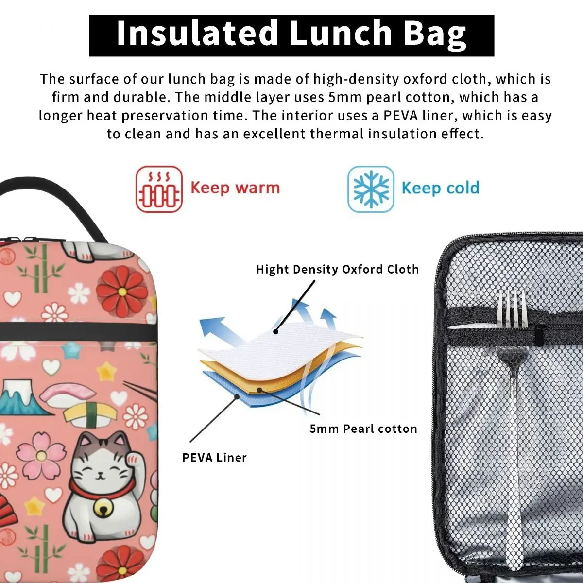 Japanische maneki neko isolierte Lunch-Tasche für Schul büro Geisha Kokeshi Puppe wieder verwendbare Kühler thermische Lunchbox Frauen Kinder