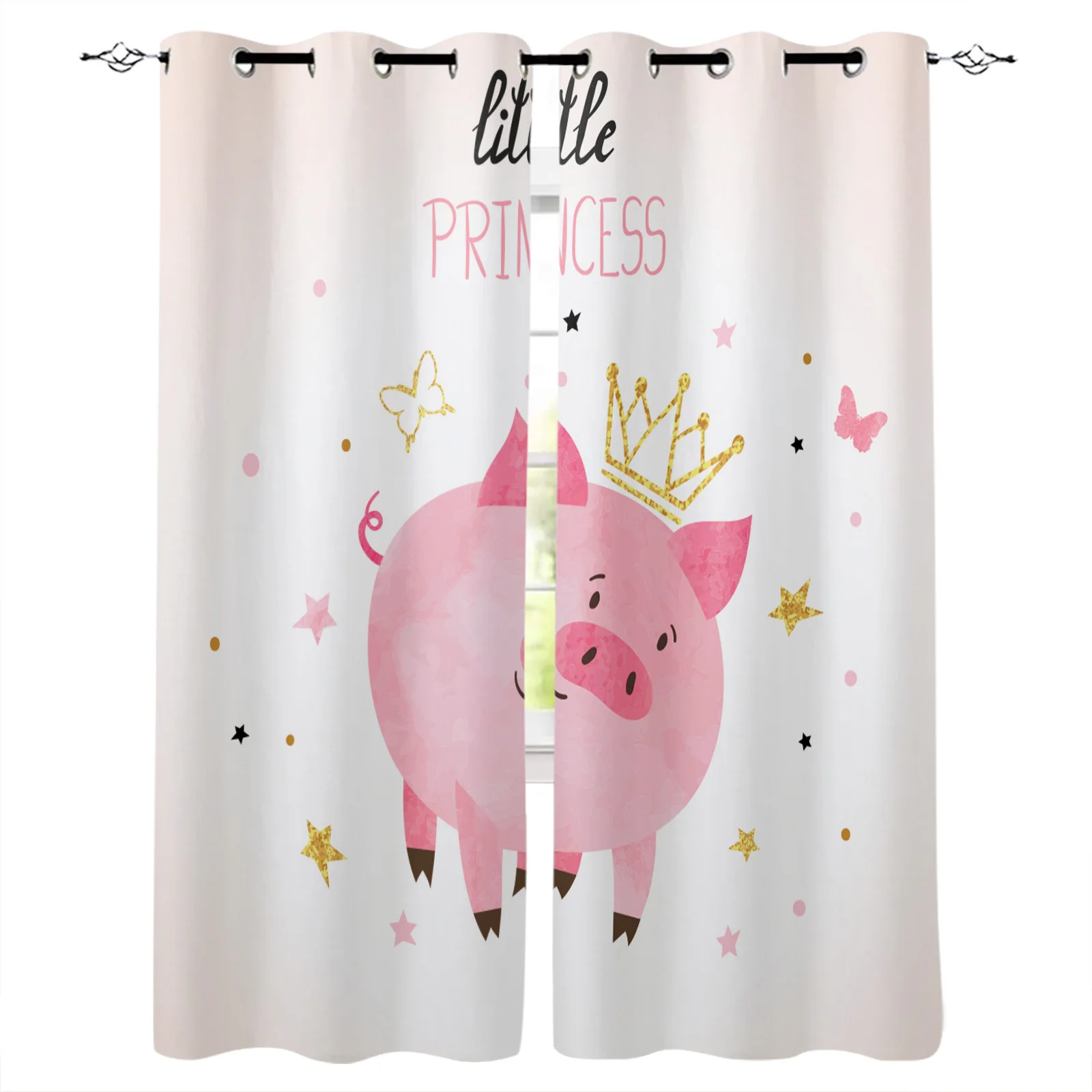 Pink Piggy Princess Watercolor Girl Blackout Curtains Window Curtains For Bedroom Living Room Decor Window Treatments