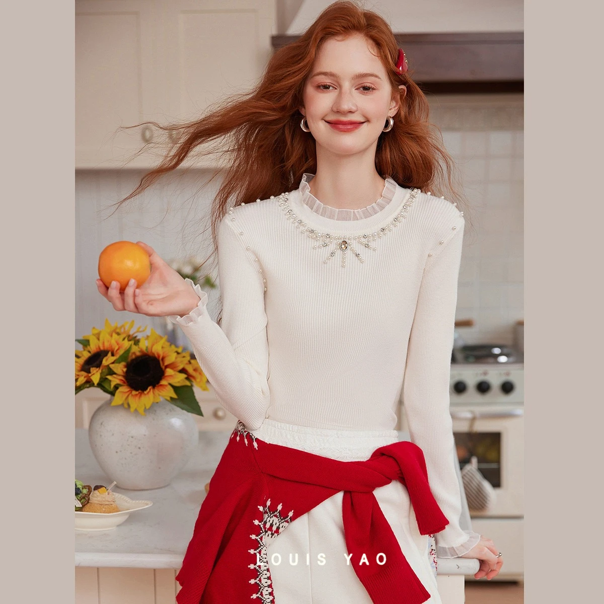 

LOUIS YAO вязаный свитер с дизайном из бисера, осень/зима 2022, элегантный стиль, тонкая толстовка с длинными рукавами, женский свитер