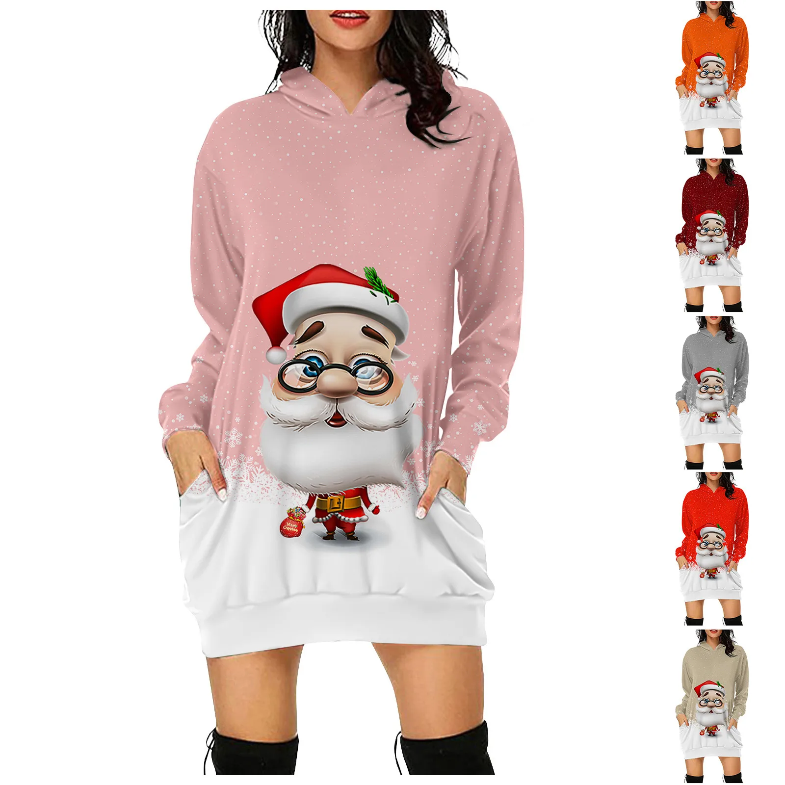 Christmas Women Hoodie Fashion Mid-Length Pullovers 3d Cartoon Santa Claus Print Streetwear Female Christmas Sweatshirt Dress