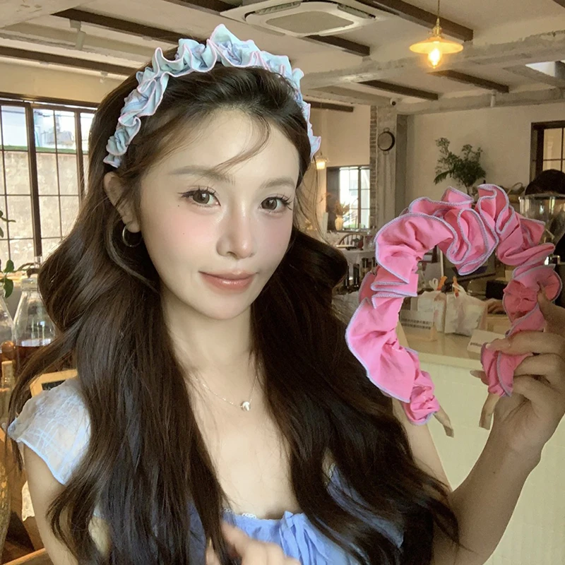 Ikat Rambut untuk Wanita, Ikat Kepala Lebar Ruffles Lipit Aksesori Rambut Elastis Anti Selip