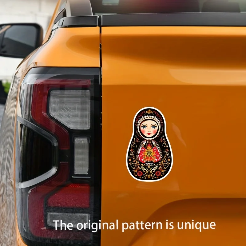 

2D плоская наклейка-стикер для автомобиля, 2 штуки, классическая русская кукла-матрешка, дизайн в традиционной деревянной коробке, ярко-красно-оранжевый цвет.