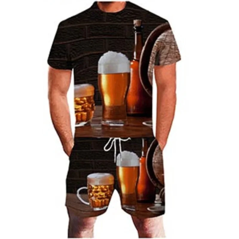 Summer Casual Round Neck T-Shirt Shorts 2 Piece Set Fashion Man Clothes Pullover Tracksuit Set Beer 3D Print Men\'s T-shirt Set