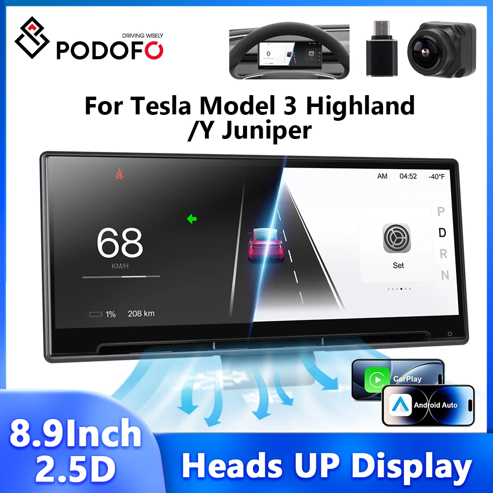 Podofo 8.9'' Heads Up Display for Tesla Model 3 Highland/Y Juniper 2024-2025 Dashboard Car Monitor Carplay Android Auto OTA WIFI