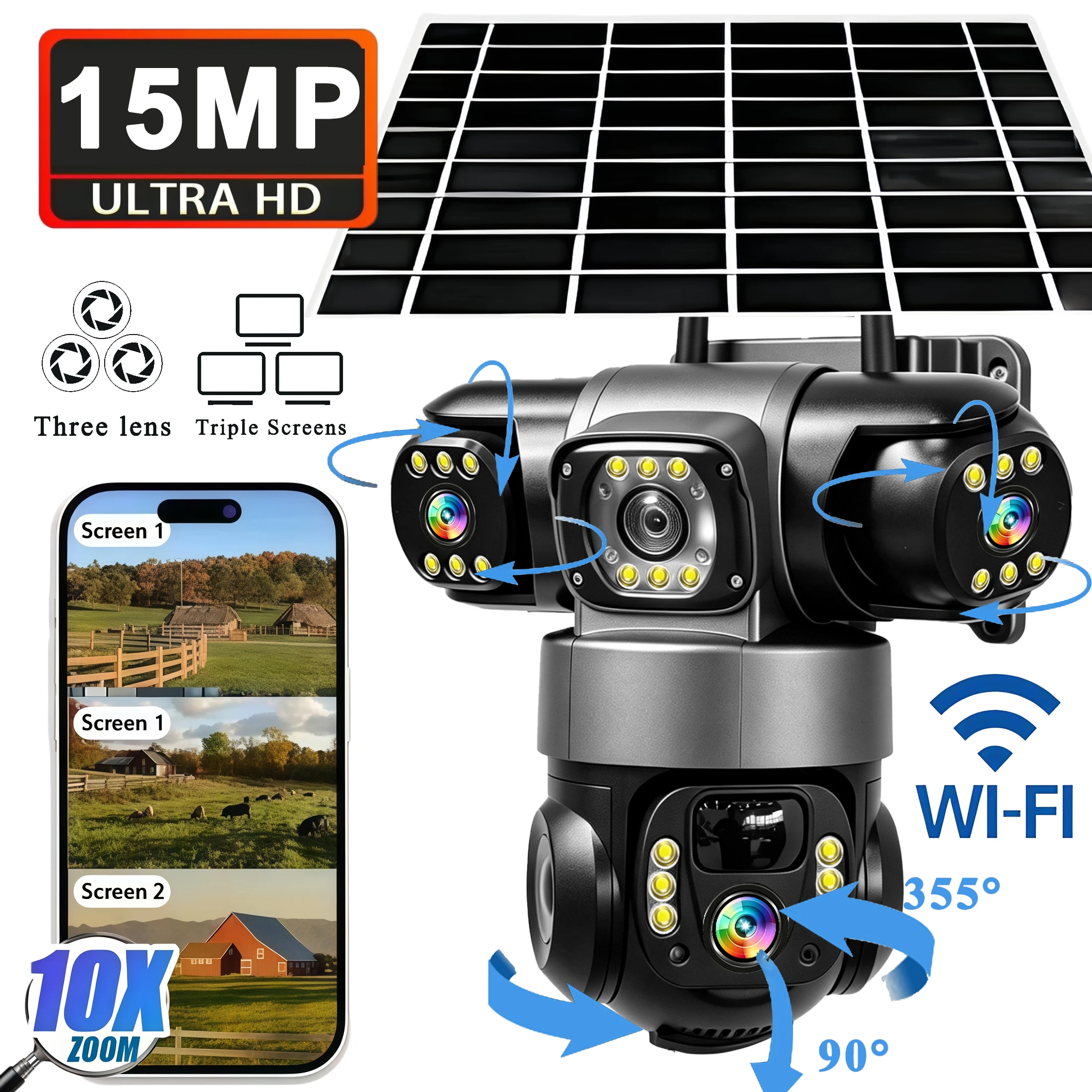 Caméra de sécurité solaire WiFi, CCTV WiFi 1080P à triple objectif et triple écran, PTZ avec suivi automatique, surveillance de sécurité V380 Pro, alerte par e-mail, lecture vidéo, visualisation à distance, détection de mouvement IA par projecteur, prise en charge de la voix bidirectionnelle, étanche IP66
