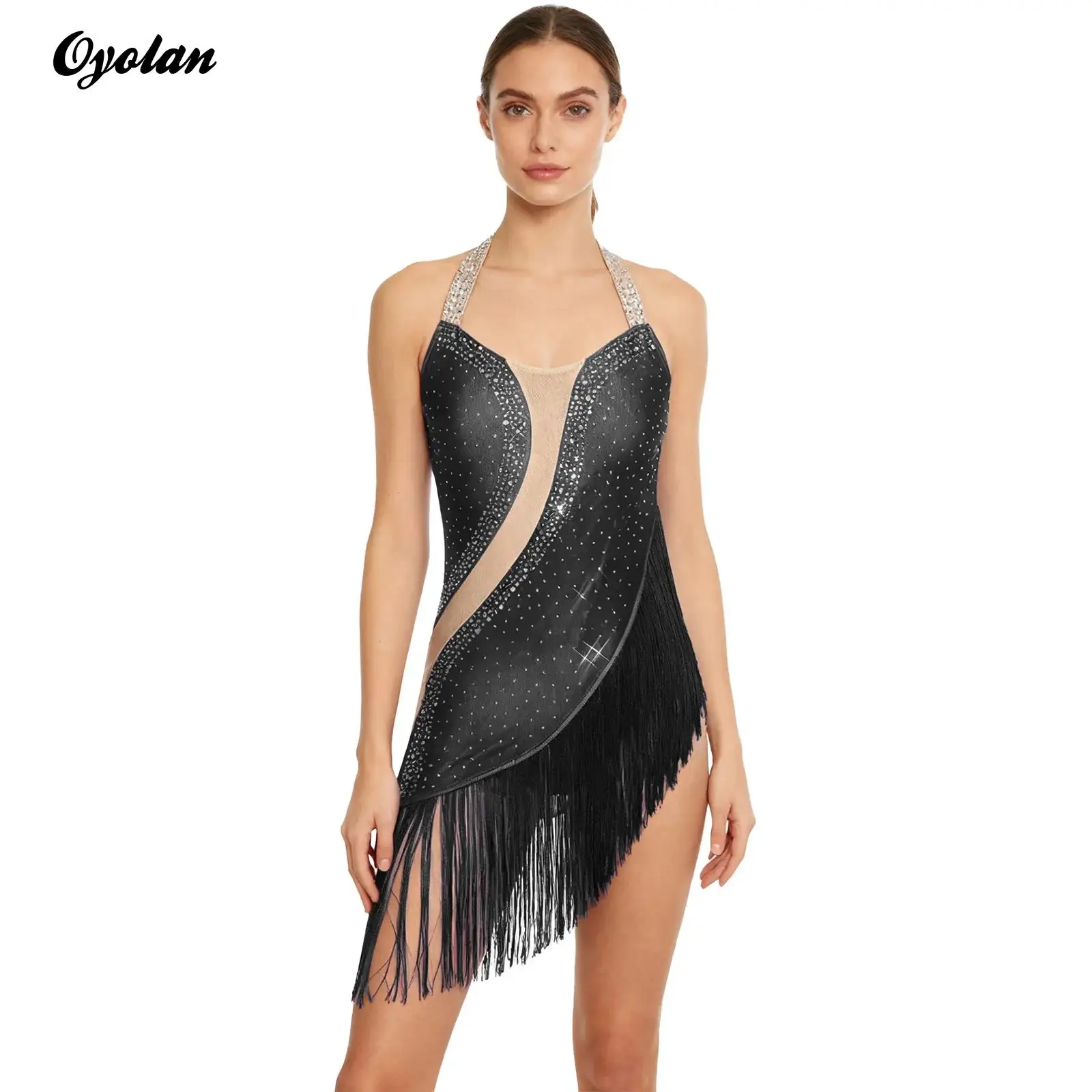 

Женский купальник со стразами и кисточками, гимнастический боди для фигурного катания, нерегулярный подол, балетный костюм для ча-ча, костюм для латинских танцев