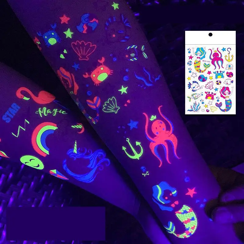 1/12pcs Cartoon Unicorn Mermaid Fluorescent Kids Toys Tattoo Sticker Marine Animal Luminous Flower Arm Temporary Tattoo Stickers